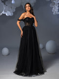 Elegant Off Shoulder Lace Bodice Contrast Tulle Hem Wedding  Dress