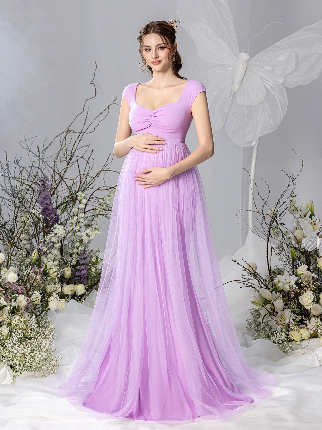 Maternity Sweetheart Collar Cap Sleeves Mesh Overlay Dress