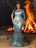 Plus One-Shoulder Geometric Sequin Gown | Long Sleeve Mermaid Dress