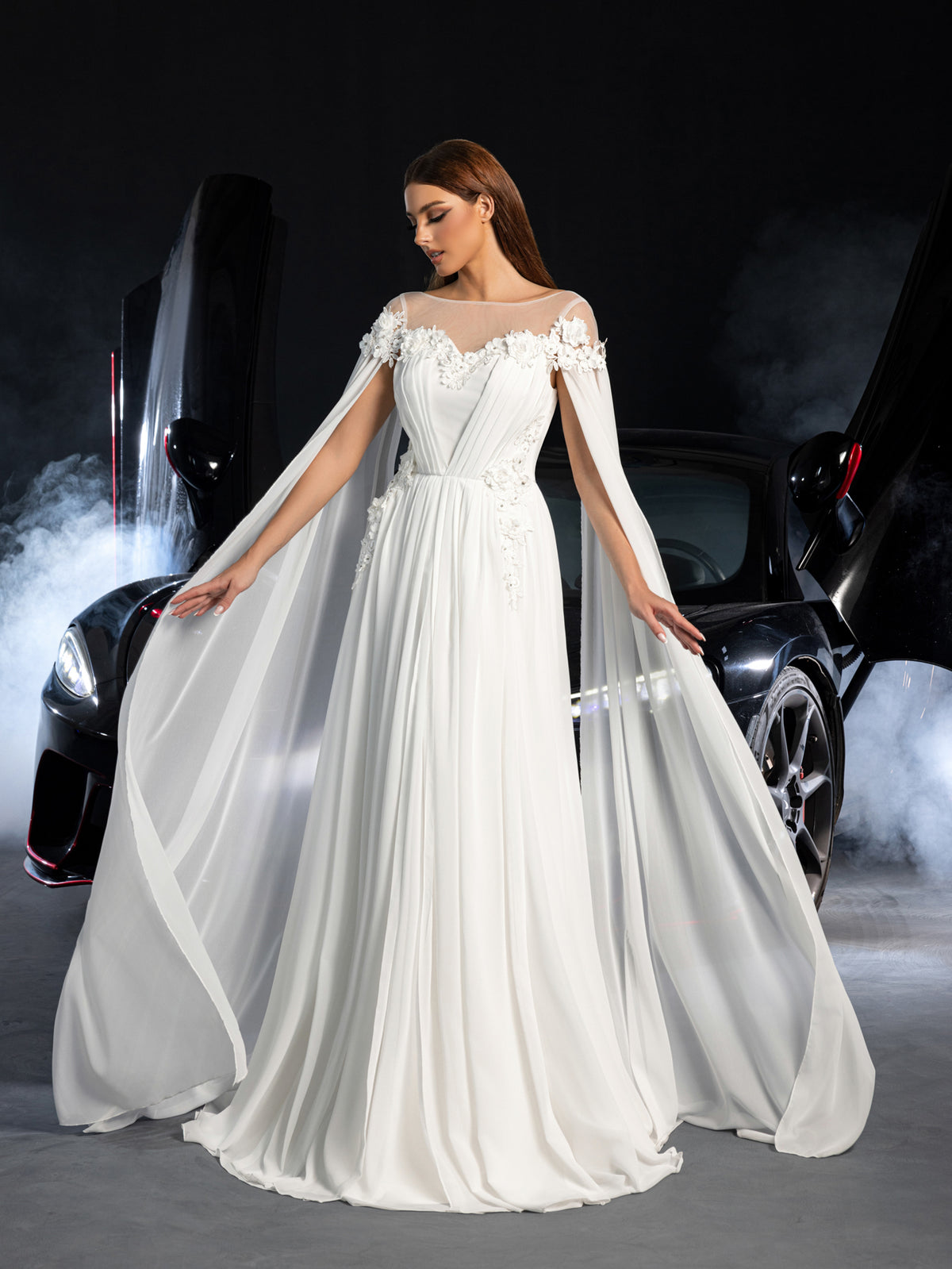 Elegant Applique Detail Boat Neck Ruched Front Cape Sleeves Chiffon Wedding Dress