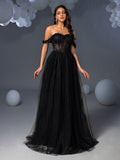 Elegant Off Shoulder Lace Bodice Contrast Tulle Hem Wedding  Dress