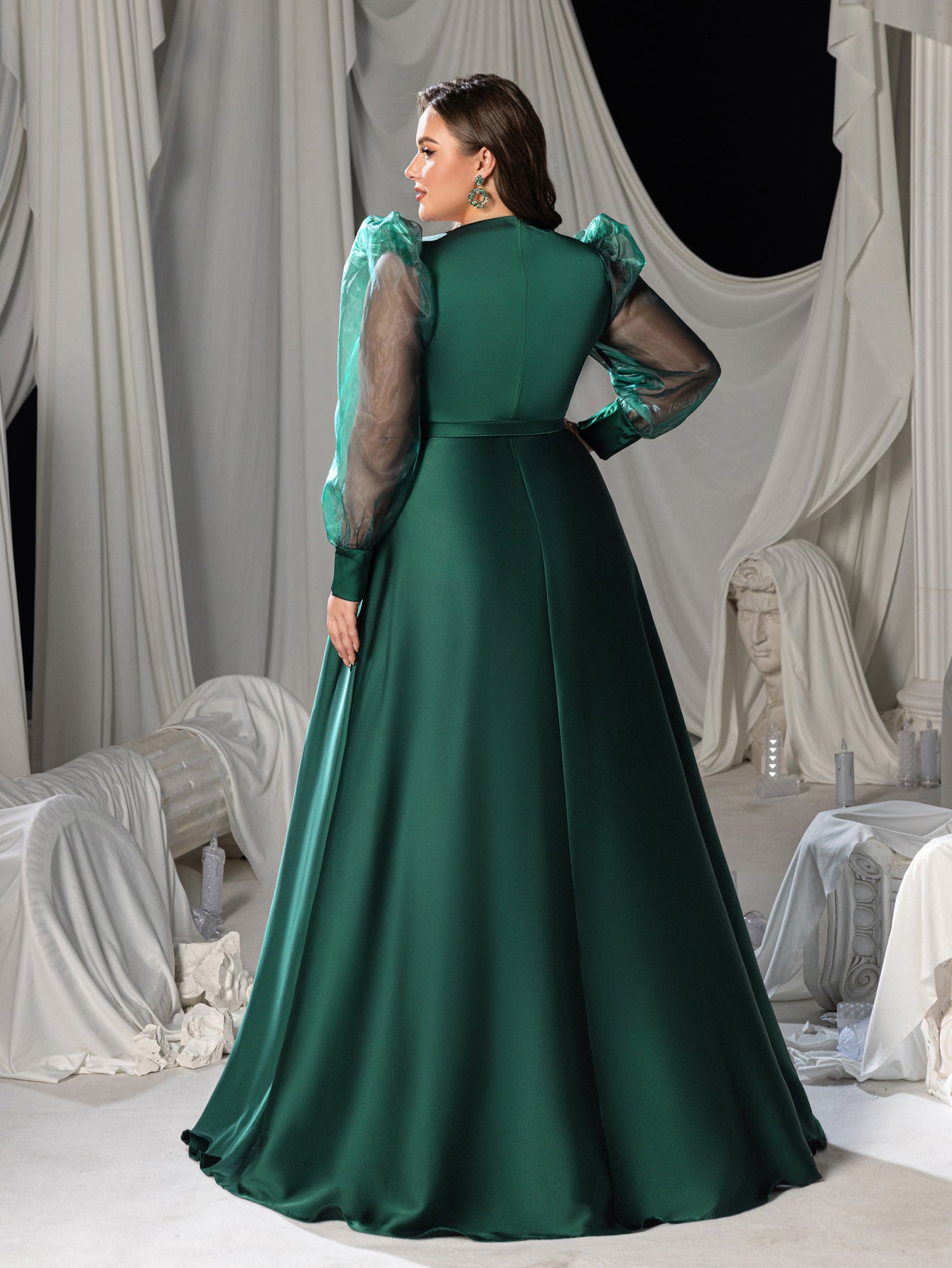 Plus Satin A-line Evening Gown with V-Neck, Tulle Puff Sleeves and High Slit