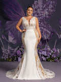 Plus Elegant Backless Contrast Lace Mermaid Hem Maxi Wedding Dress