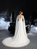 Elegant Applique Detail Boat Neck Ruched Front Cape Sleeves Chiffon Wedding Dress