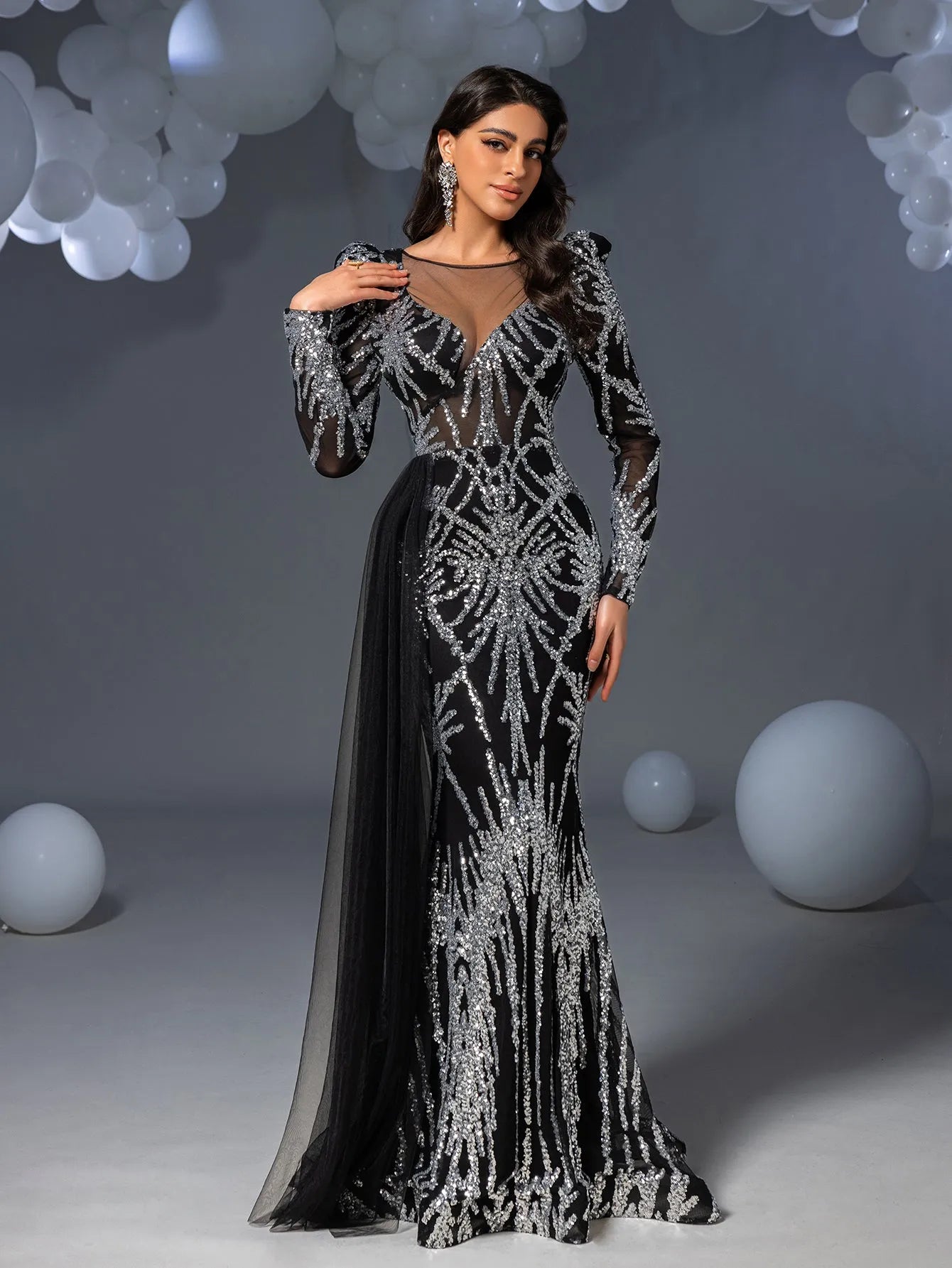 Gorgeous Graphic Sequin Sheer Overlay Mermaid Hem Evening Dress