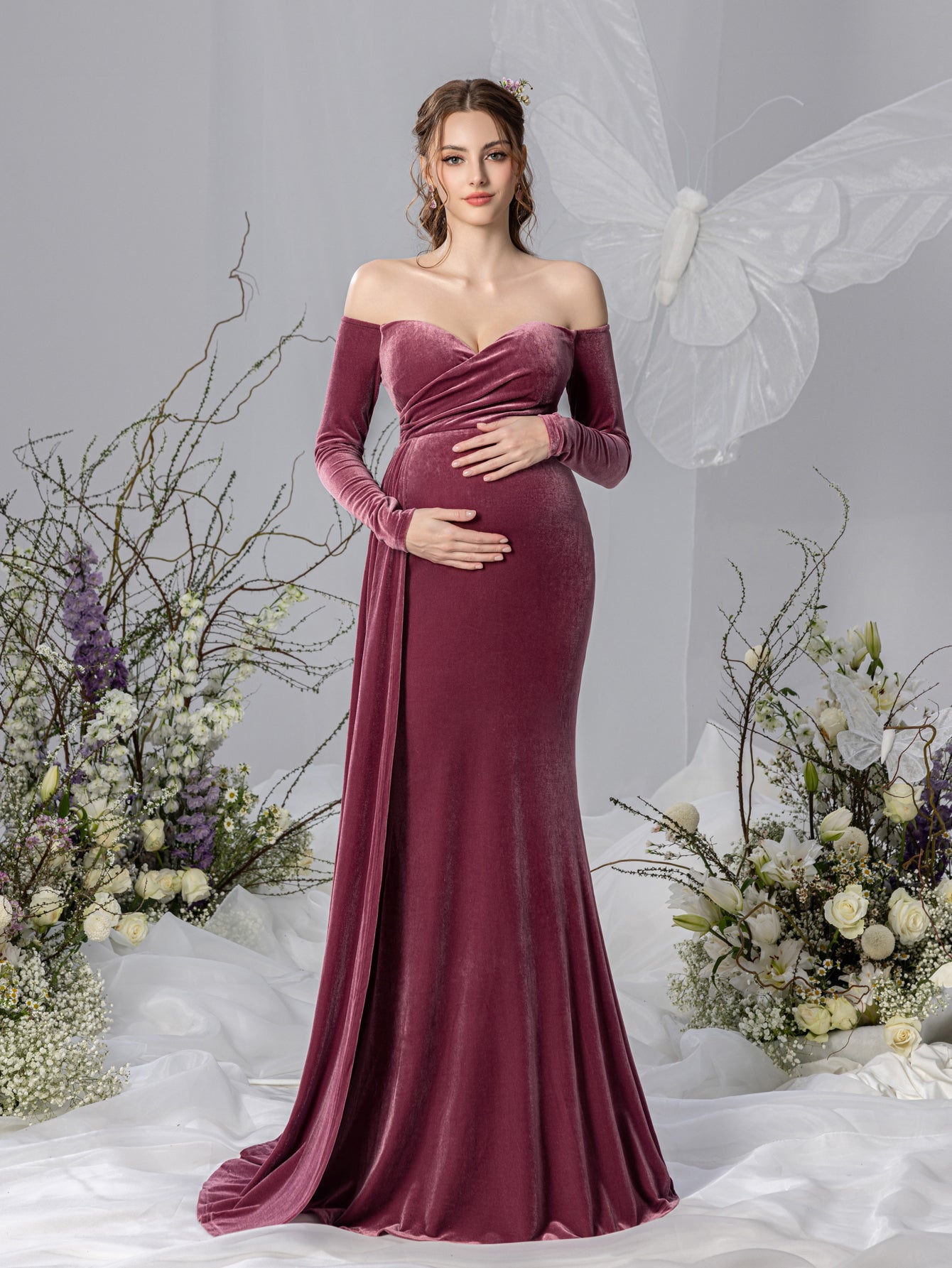 Maternity Off Shoulder Velvet Mermaid Prom Dress