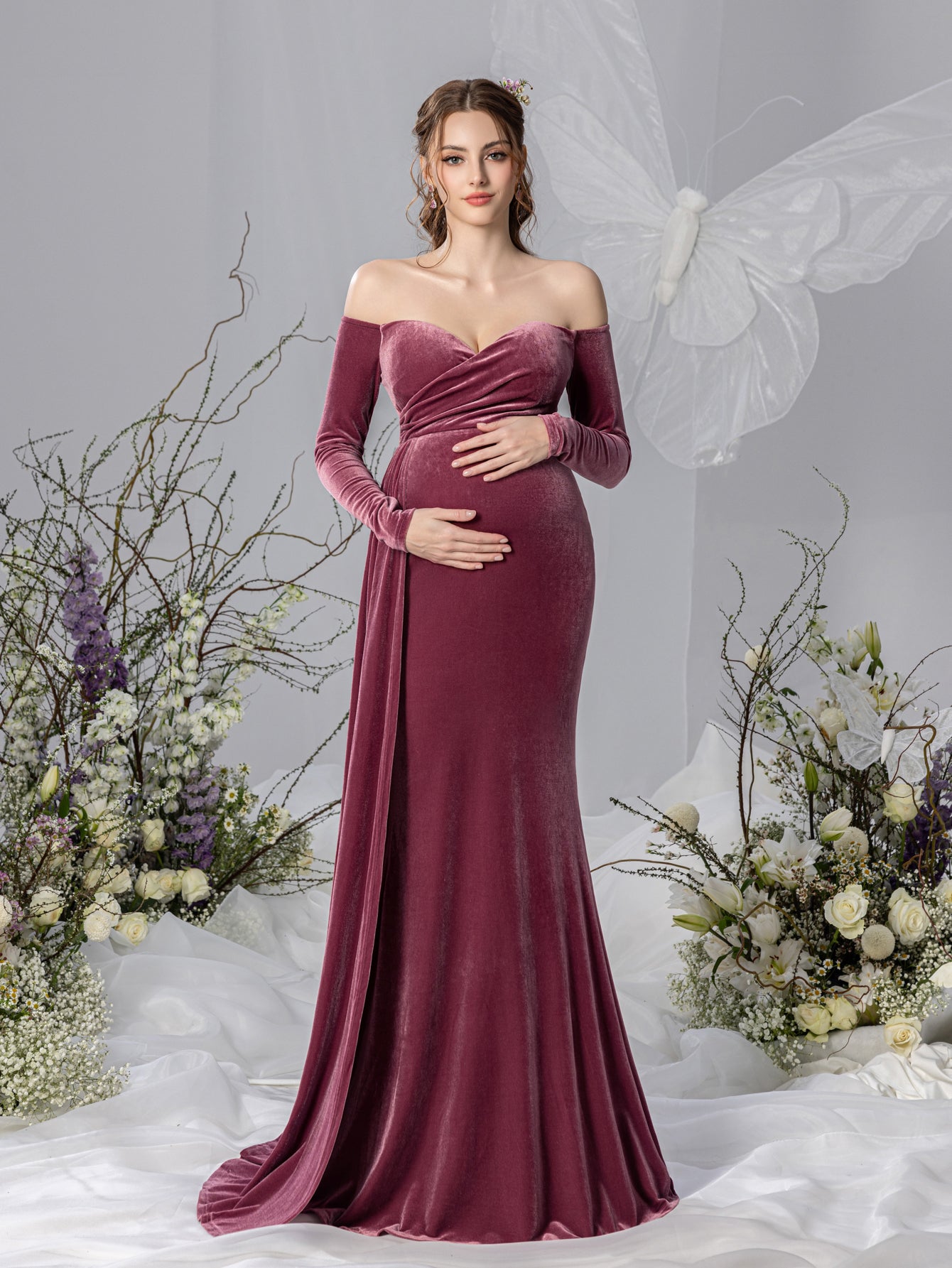 maternity dress velvet Maternity Off Shoulder Velvet Mermaid Prom Dress – Elonnashop