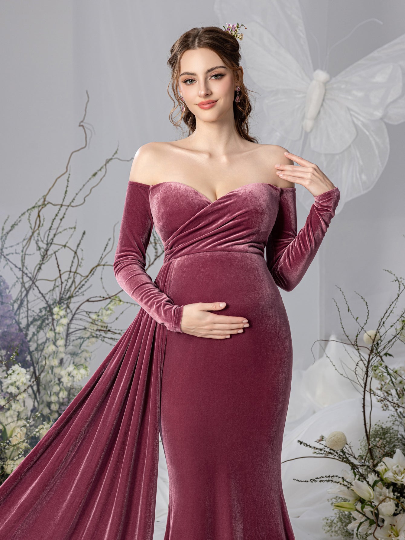 Maternity Off Shoulder Velvet Mermaid Prom Dress