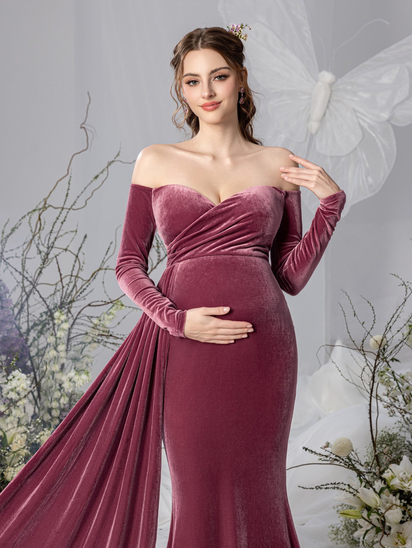 velvet off the shoulder maternity dress Teal Velvet Off Shoulder Fitted Maternity Dress PinkBlush