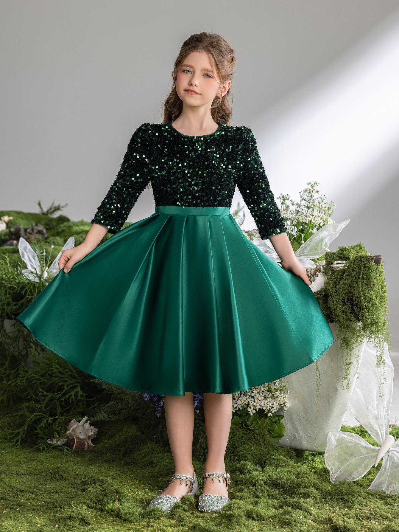 Tween Girls' 3/4 Sleeves Sequin Contrast Satin Party Dress