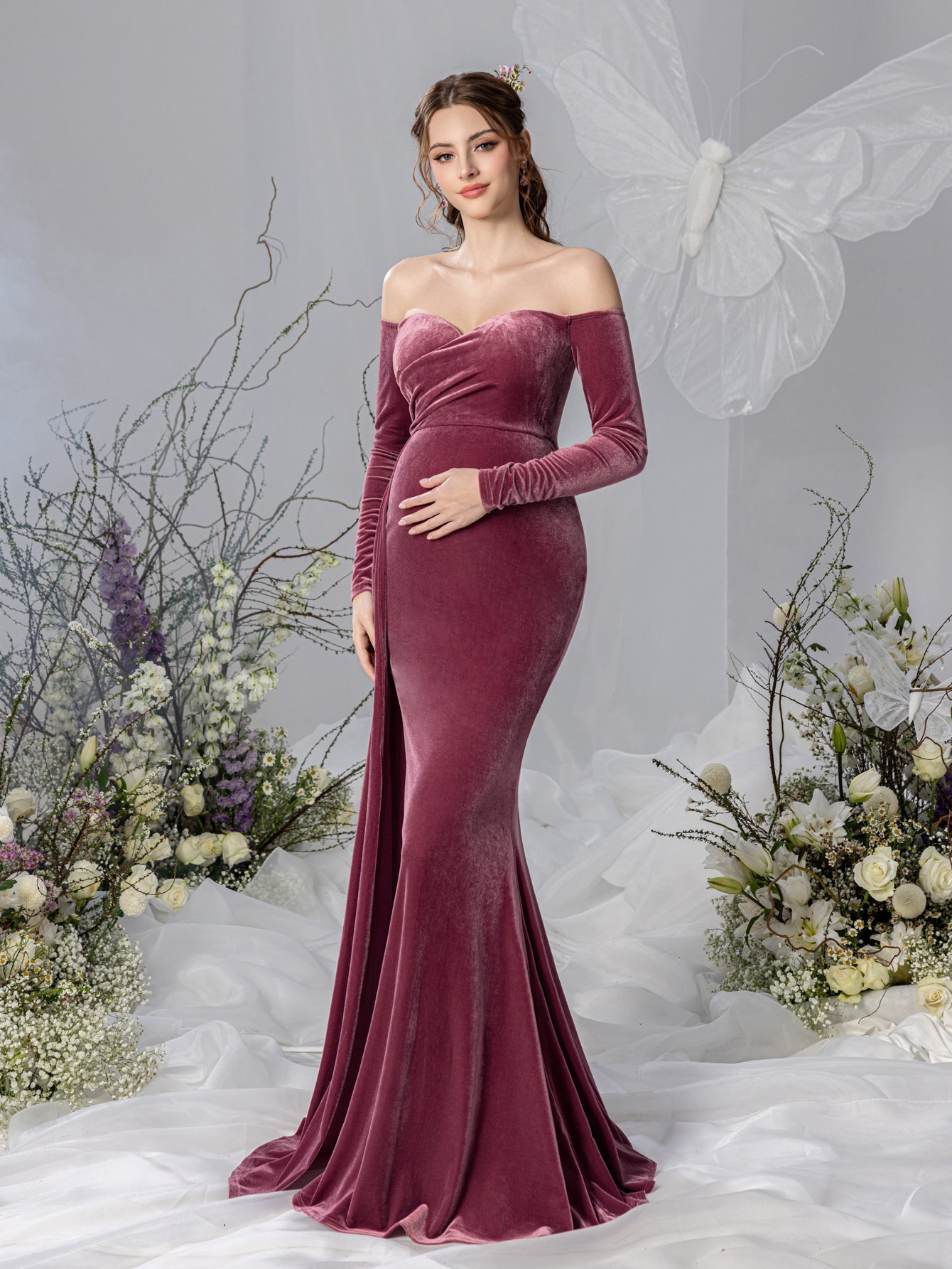 Maternity Off Shoulder Velvet Mermaid Prom Dress