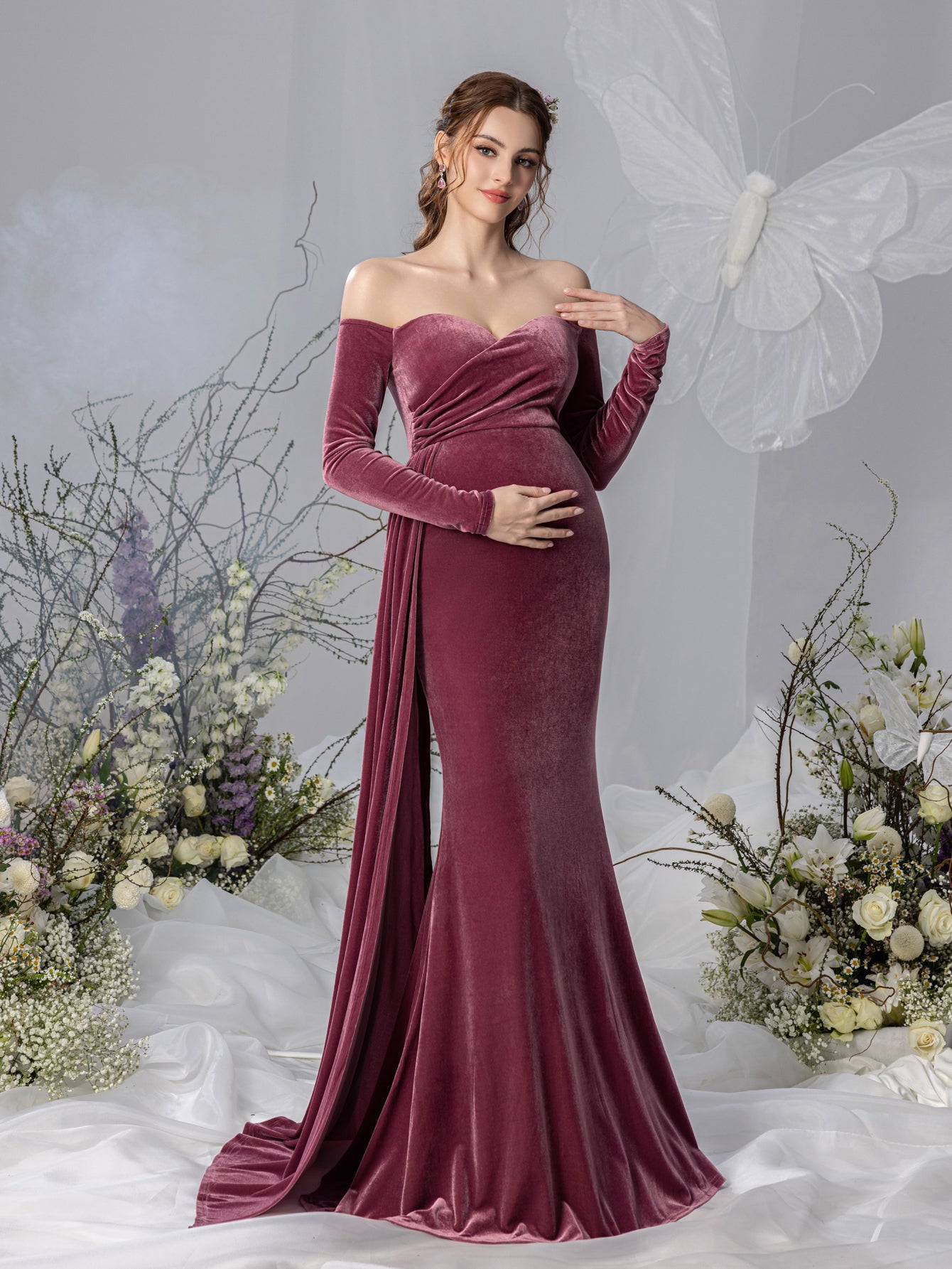 Maternity Off Shoulder Velvet Mermaid Prom Dress