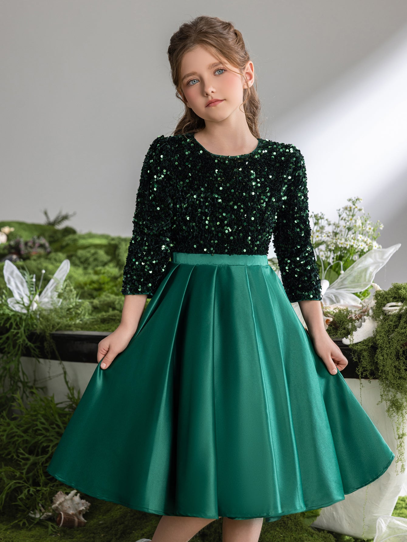 Tween Girls' 3/4 Sleeves Sequin Contrast Satin Party Dress