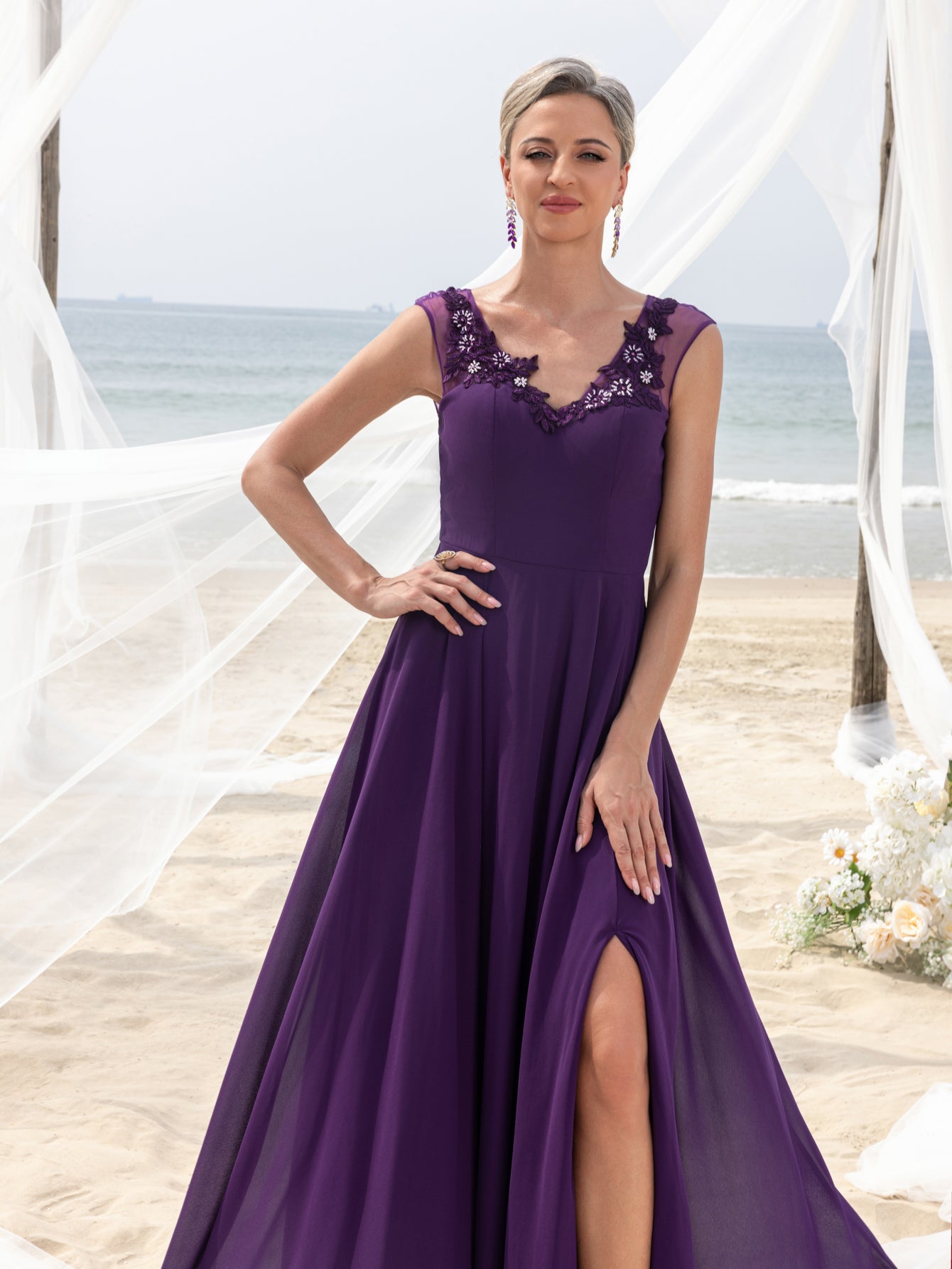 Womens' Elegant Mother-of-the-Bride Gown: Floral Appliqu V Neck & Ch Elonnashop Womens' Elegant Mother-of-the-Bride Gown: Floral Appliqu V Neck & Ch Elonnashop