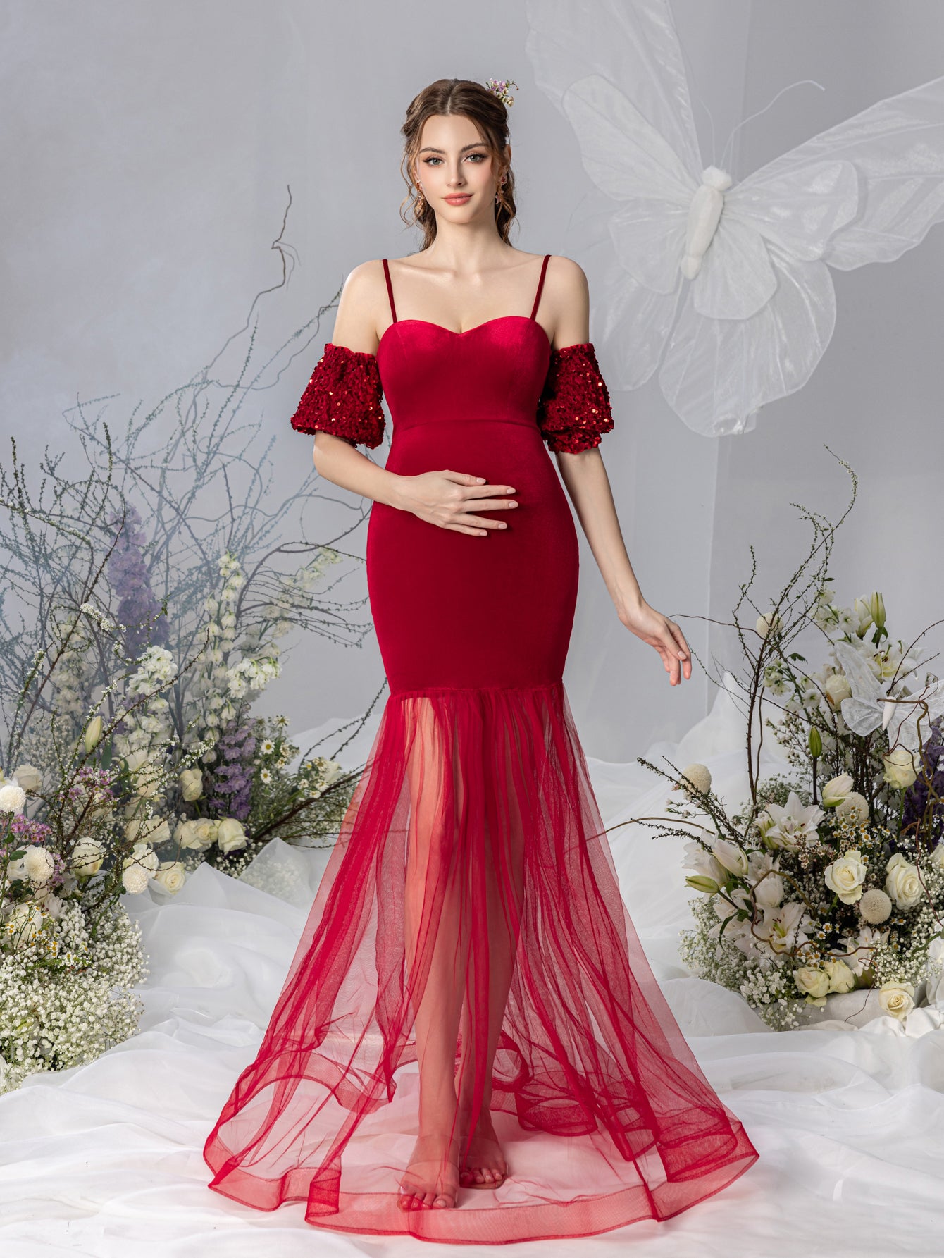 velvet cami dress Maternity Puff Sleeve Mermaid Hem Velvet Cami Dress – Elonnashop