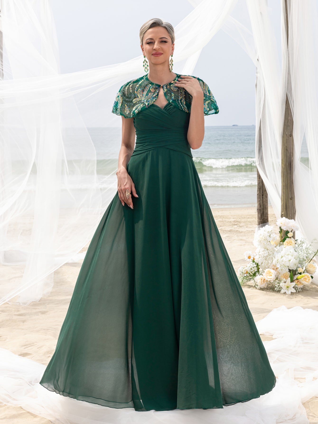 strapless chiffon maxi dress Womens' Elegant Mother-of-the-Bride Gown Sets: Multicolor Sequin Cape – Elonnashop
