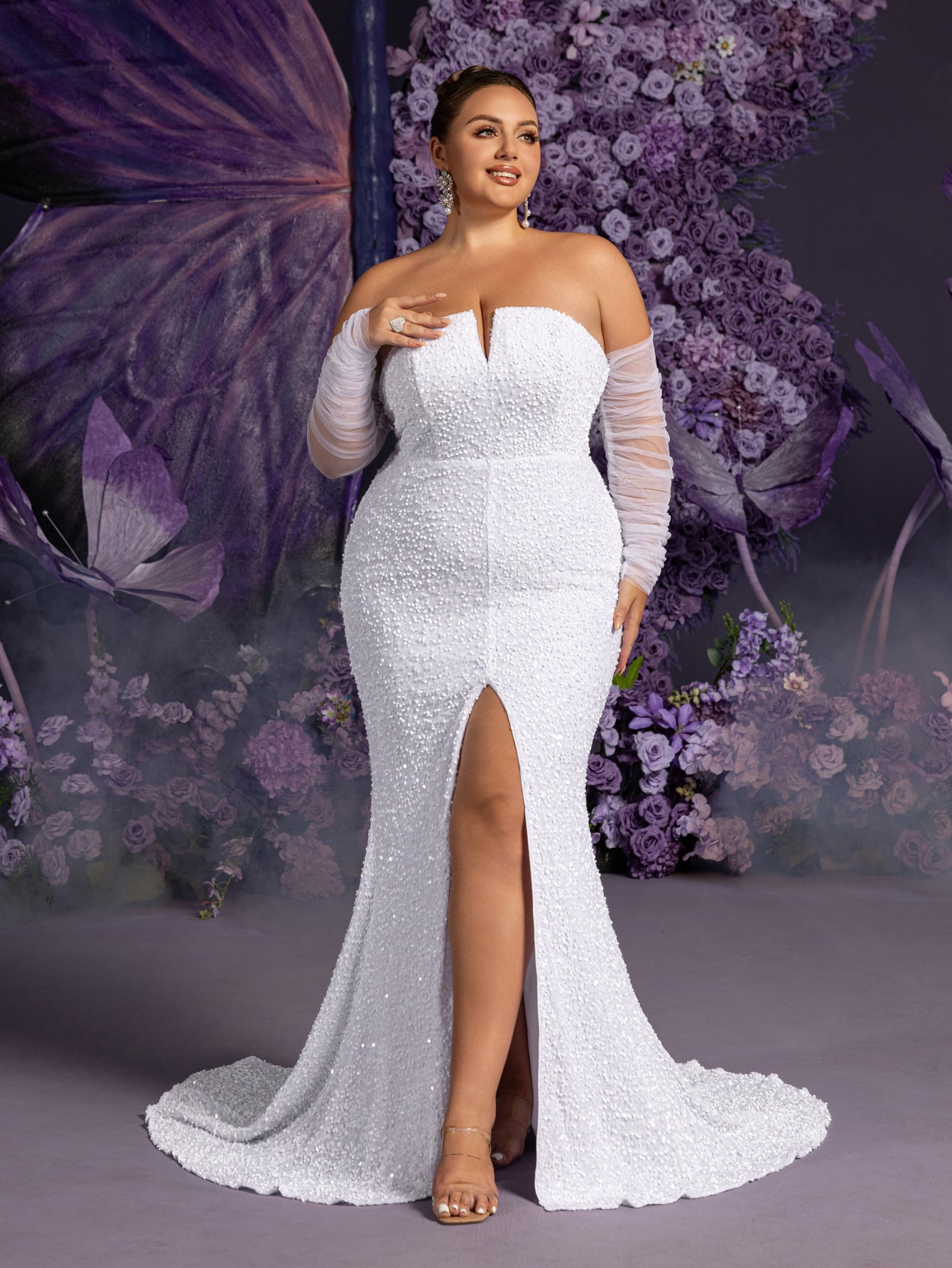 Plus Sheer Sleeves Split Mermaid Hem Sequin Tube Wedding Dress