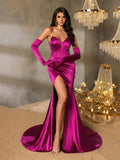 Elegant Ruched Wrap Hem Satin Tube Prom Dress（Gloves Included）