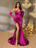 Elegant Ruched Wrap Hem Satin Tube Prom Dress（Gloves Included）
