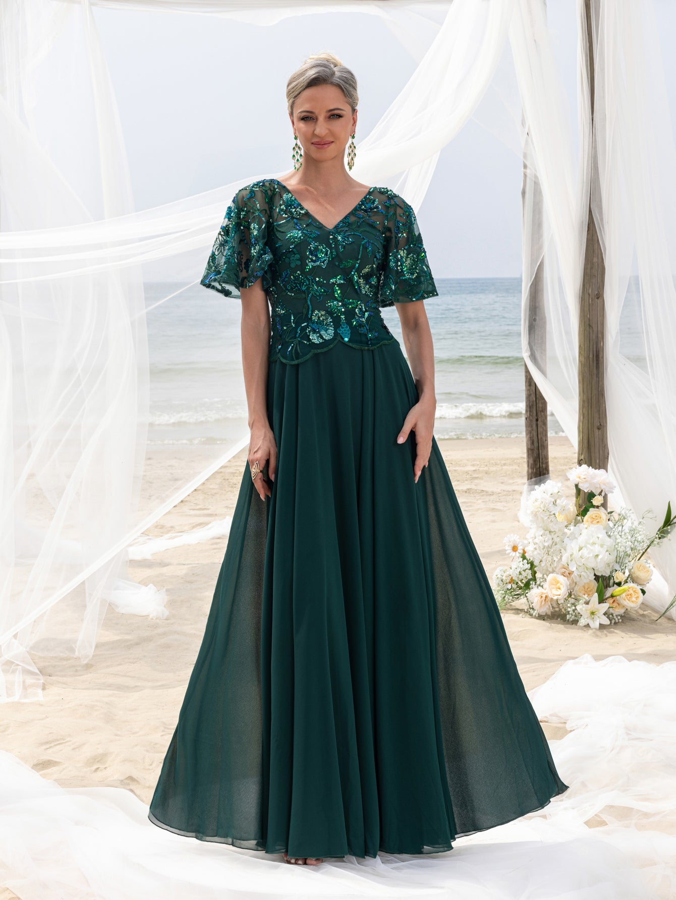 Womens' Elegant Mother-of-the-Bride Gown: Floral Sequin-Embellished B Elonnashop Womens' Elegant Mother-of-the-Bride Gown: Floral Sequin-Embellished B Elonnashop