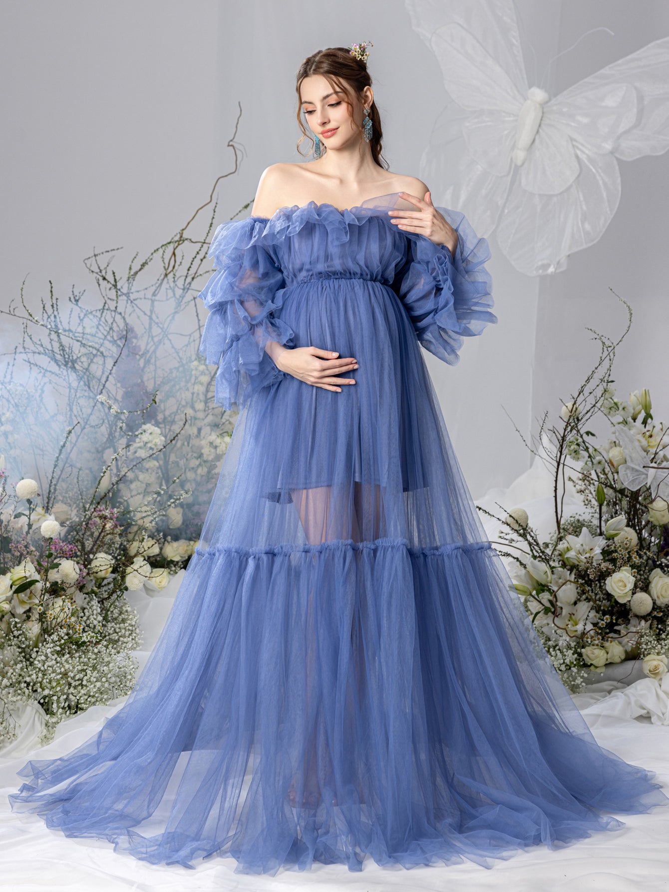 Maternity Ruffle Trim Off Shoulder Mesh Overlay Photography Dress