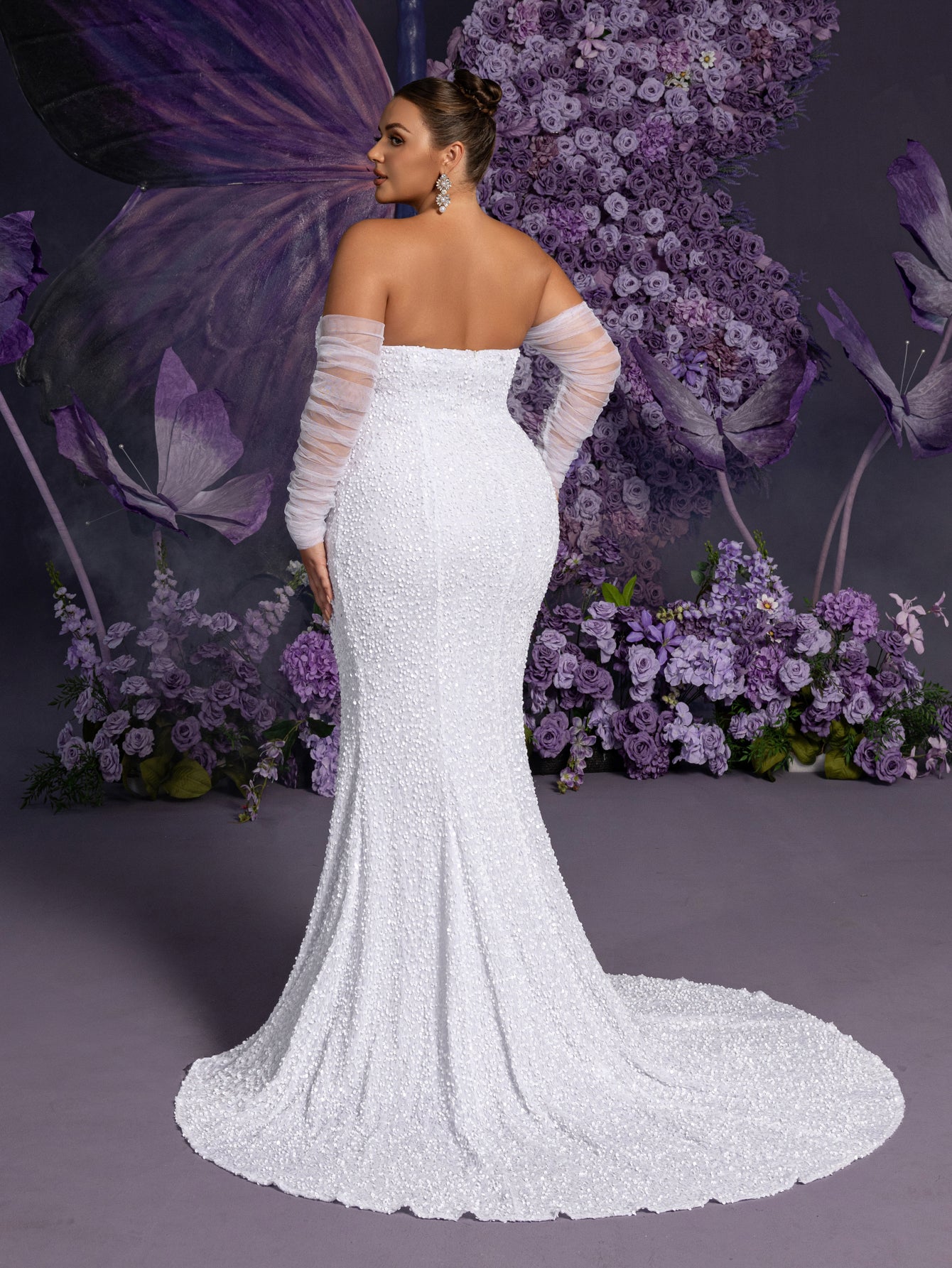 Plus Sheer Sleeves Split Mermaid Hem Sequin Tube Wedding Dress