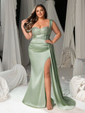 Plus Asymmetrical Neck Split Thigh Satin Mermaid Dress Evening Dress