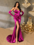 Elegant Ruched Wrap Hem Satin Tube Prom Dress（Gloves Included）