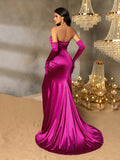Elegant Ruched Wrap Hem Satin Tube Prom Dress（Gloves Included）