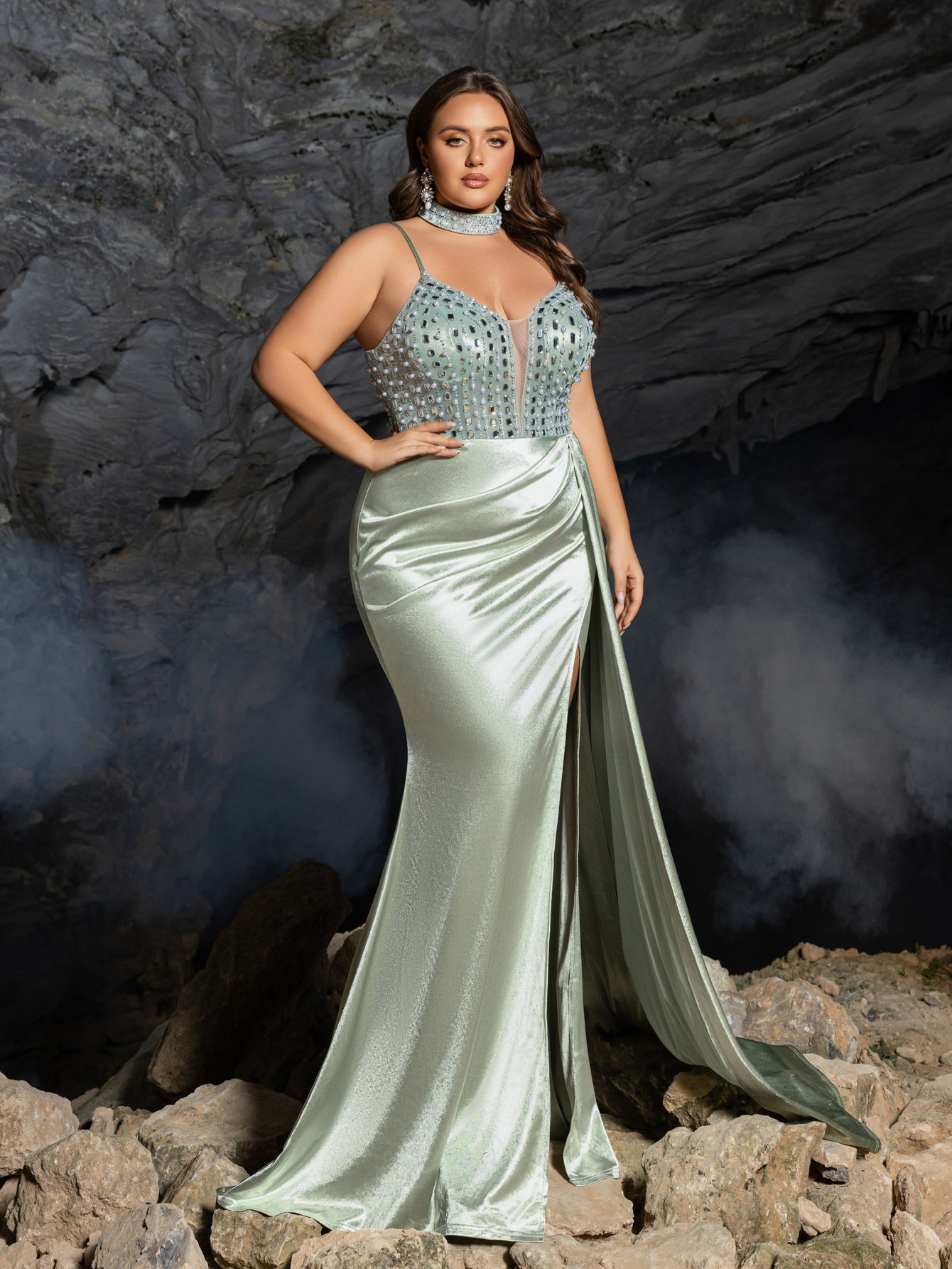 Plus Beaded Sweetheart Mermaid Gown | Spaghetti Straps with Side Slit & Cascading Train