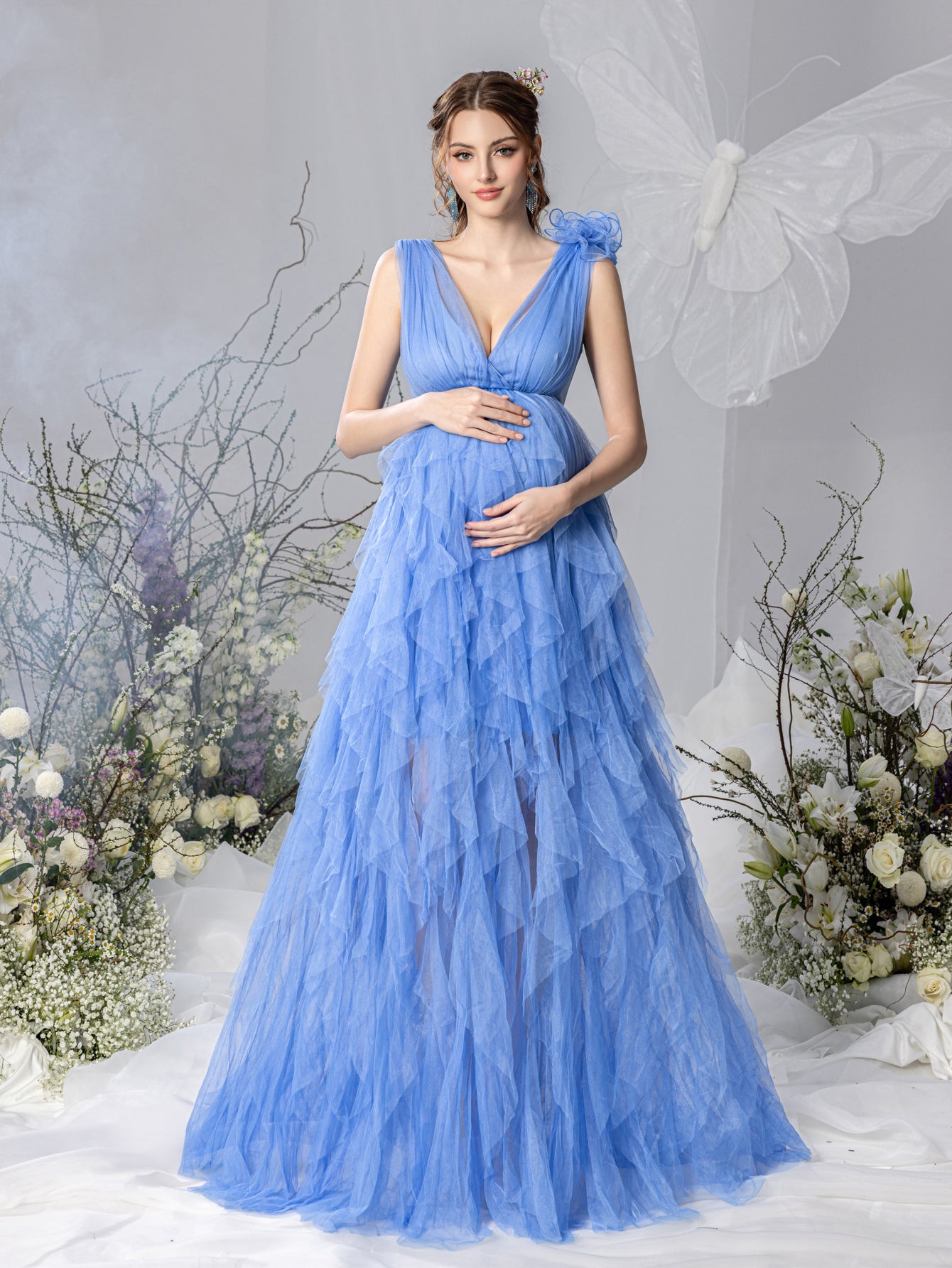 Maternity Plunging Neck Stereo Flower Mesh Overlay Party Dress