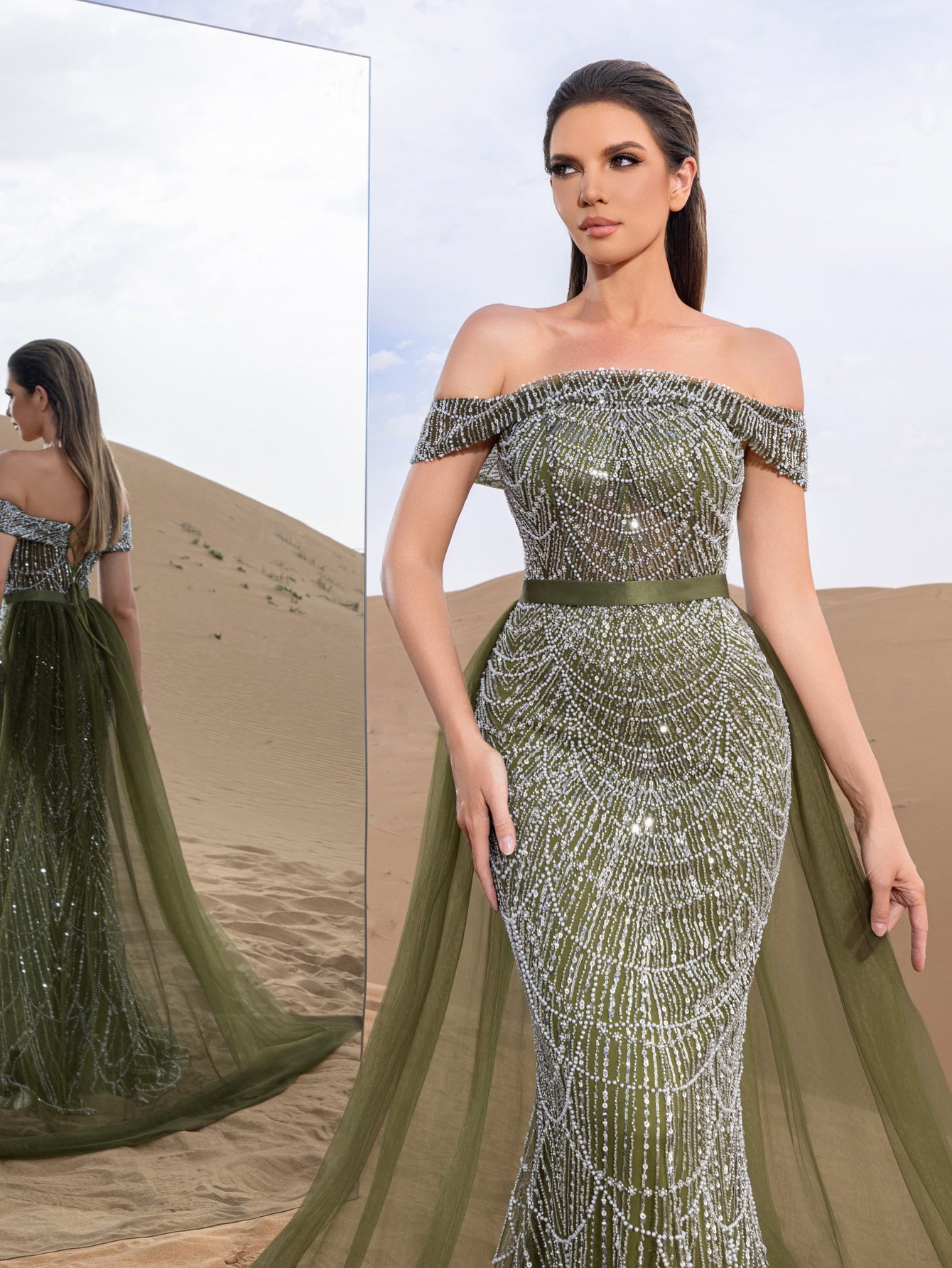 Luxury Off Shoulder Tulle Overlay Mermaid Hem Beaded Seuqin Evening Dress