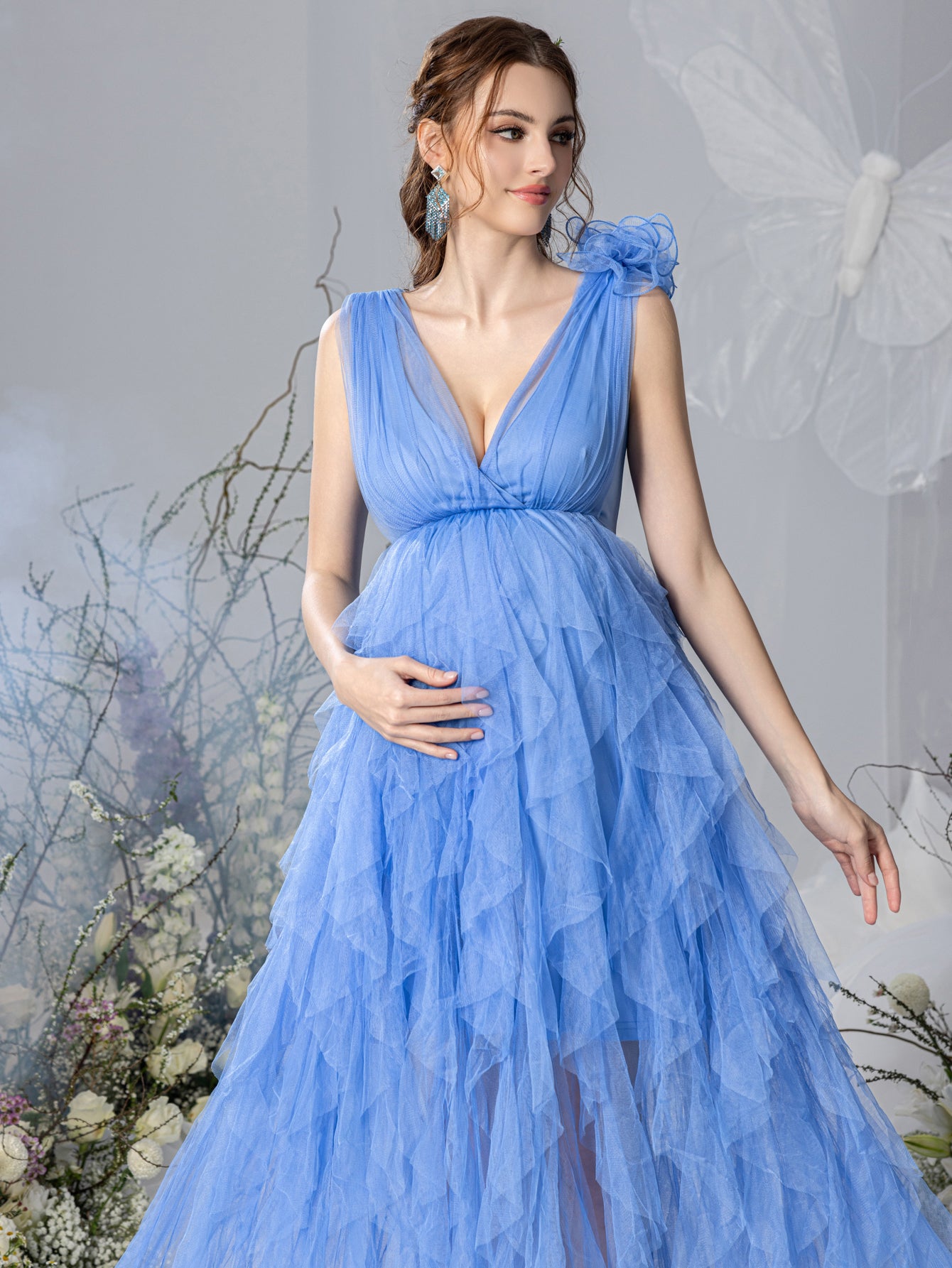 Maternity Plunging Neck Stereo Flower Mesh Overlay Party Dress