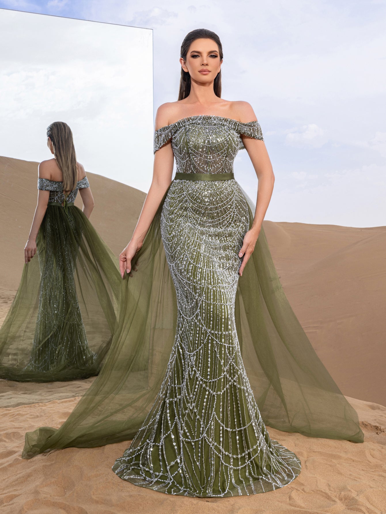 Luxury Off Shoulder Tulle Overlay Mermaid Hem Beaded Seuqin Evening Dress