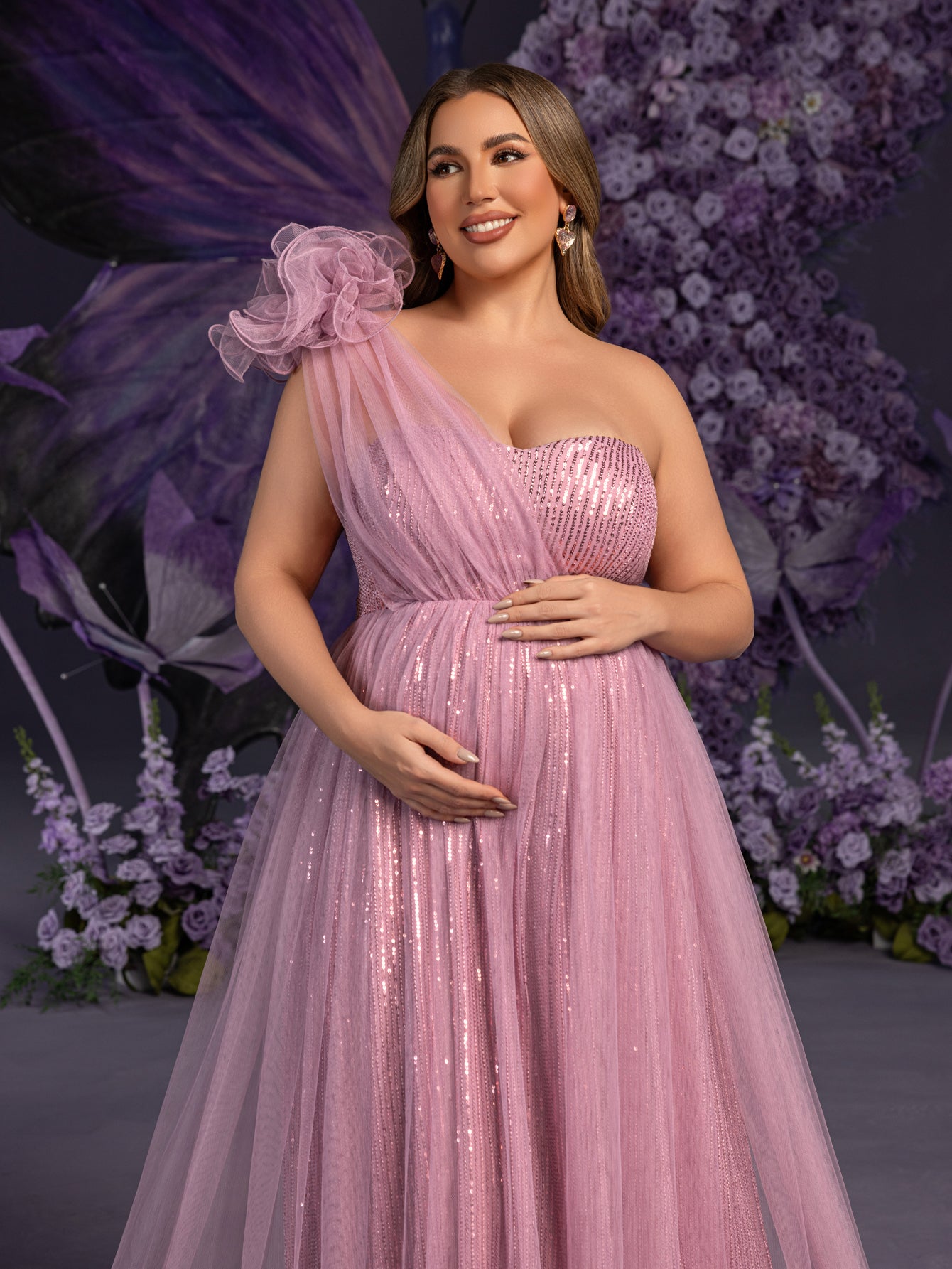 Plus Maternity Sparkling Evening Gowns: One-Shoulder Ruffled & Strapless Sequin Tulle Dresses for Pregnancy Photoshoots – 1XL-5XL