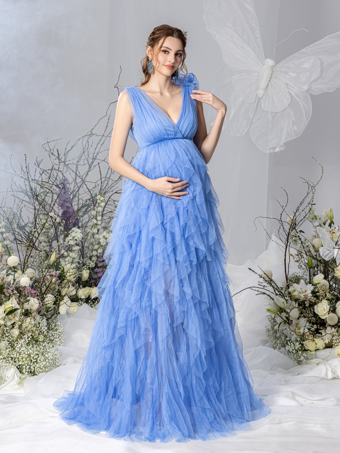 Maternity Plunging Neck Stereo Flower Mesh Overlay Party Dress