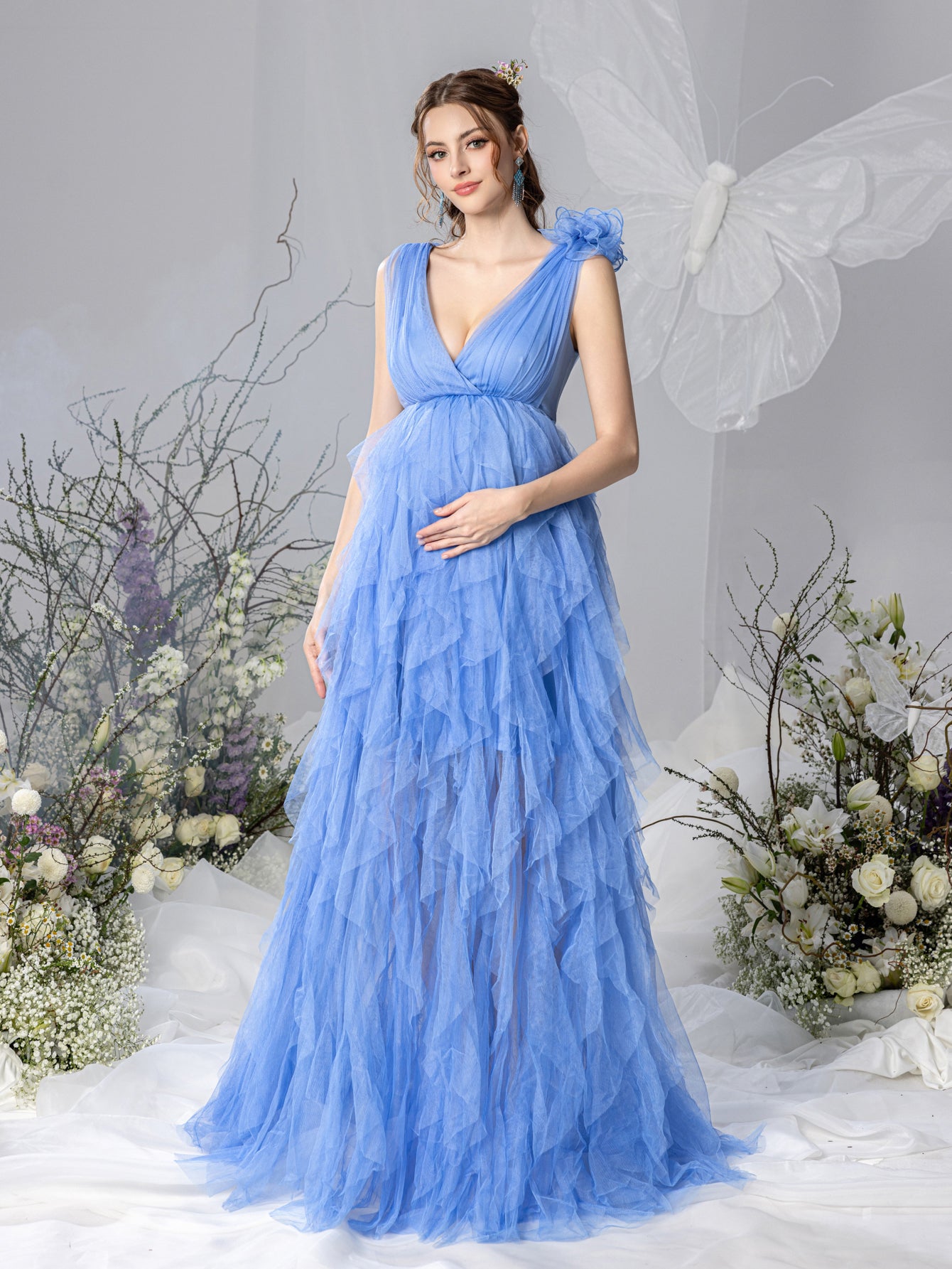 Maternity Plunging Neck Stereo Flower Mesh Overlay Party Dress