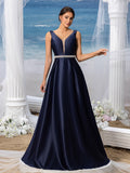 Womens' Backless Rhinestone Waistband Satin Formal Dress