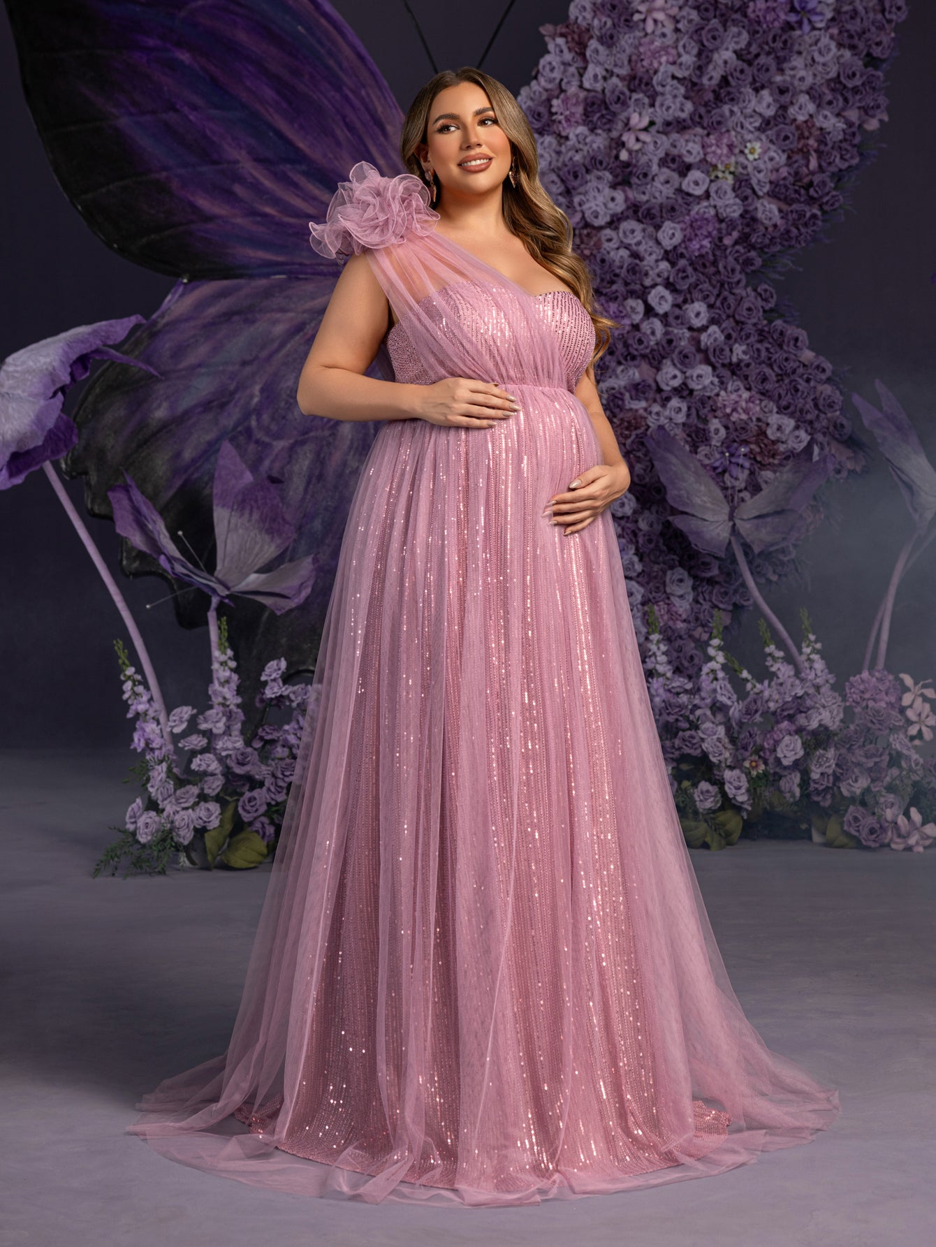 Plus Maternity Sparkling Evening Gowns: One-Shoulder Ruffled & Strapless Sequin Tulle Dresses for Pregnancy Photoshoots – 1XL-5XL