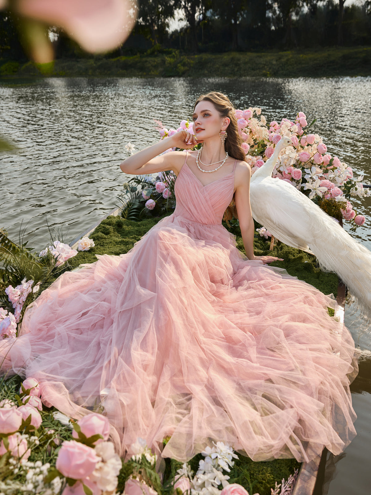 Elegant V Neck Mesh Overlay Cami Wedding Dress