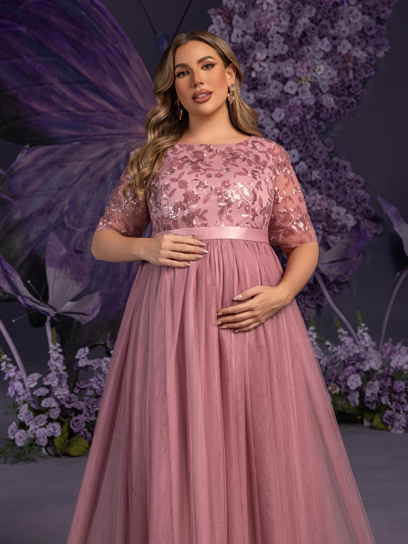 Plus Maternity Floral Sequin Embroidered Bodice Formal Party Dress