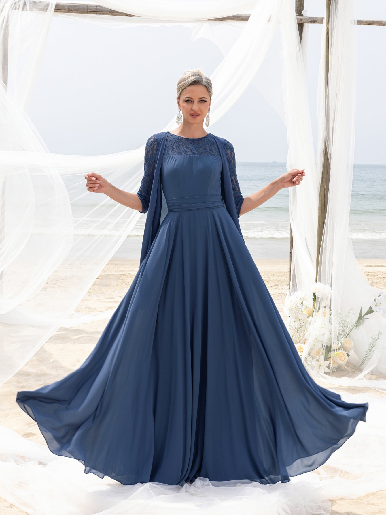 Womens' Lace & Chiffon Mother-of-the-Bride Dress: Flowing Beach Weddi Blue Ashes / XL Womens' Lace & Chiffon Mother-of-the-Bride Dress: Flowing Beach Weddi Blue Ashes / XL