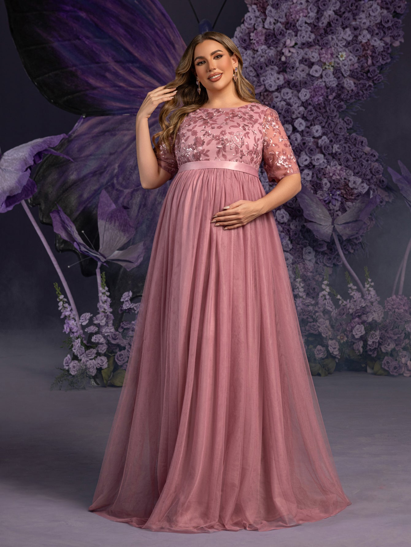 Plus Maternity Floral Sequin Embroidered Bodice Formal Party Dress Elonnashop Plus Maternity Floral Sequin Embroidered Bodice Formal Party Dress Elonnashop