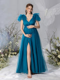 Maternity Plunging Neck Ruffle Sleeve Mesh Slit Dress