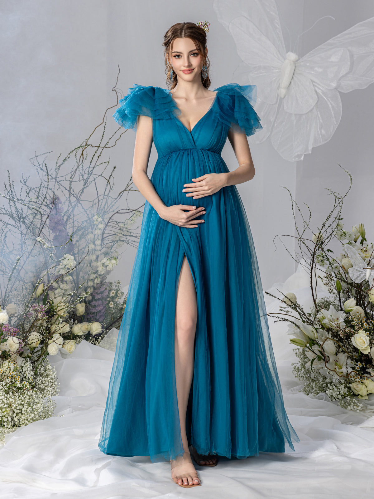 Maternity Plunging Neck Ruffle Sleeve Mesh Slit Dress