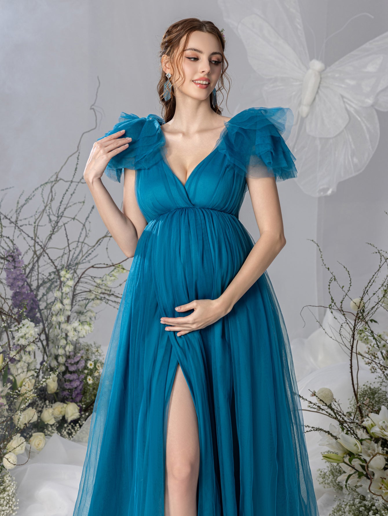 Maternity Plunging Neck Ruffle Sleeve Mesh Slit Dress