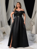 Plus Off Shoulder Buckle Belted Satin Ball Gown Evening Dress