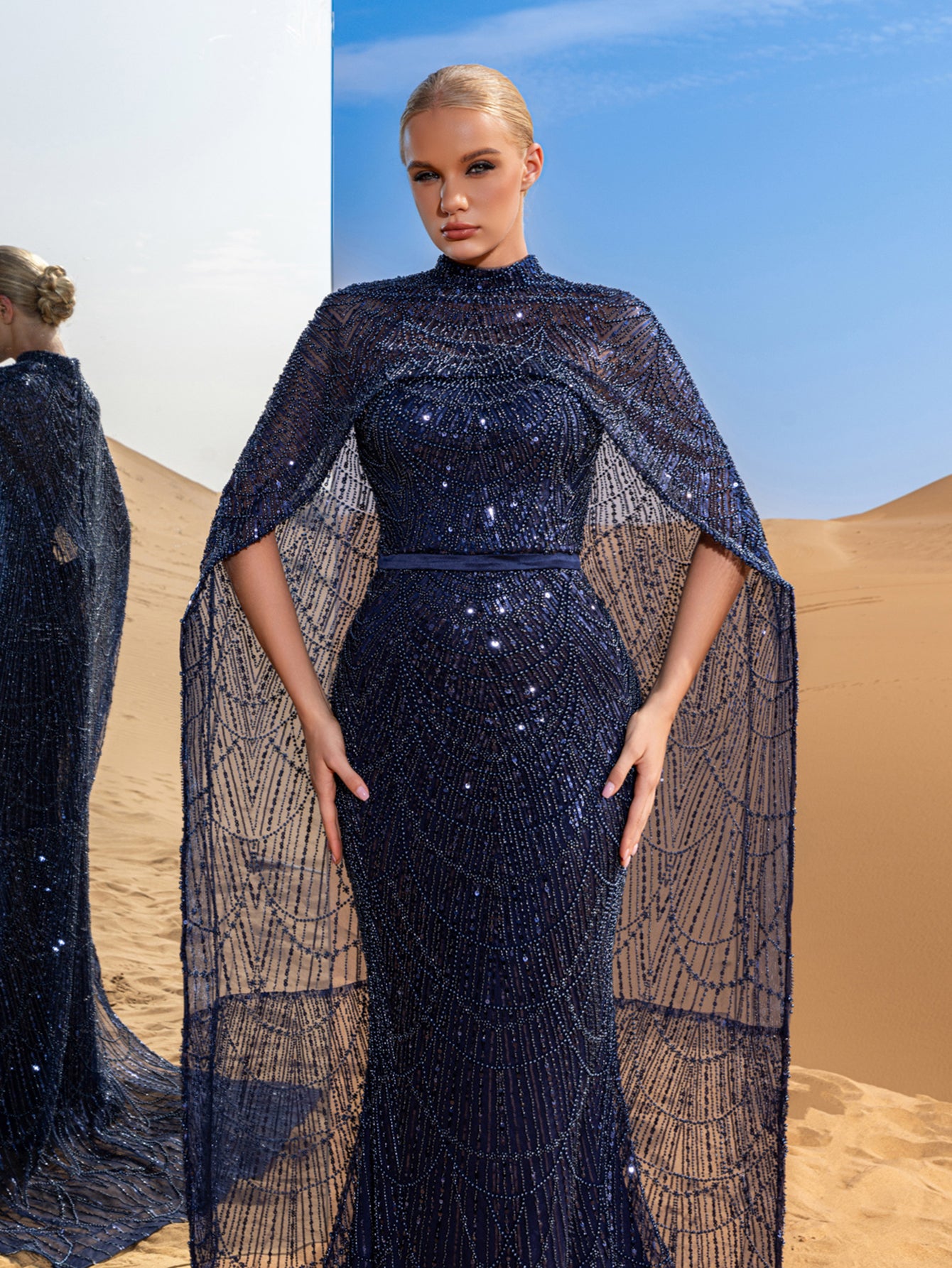 Luxury Gorgeous Mock Neck Mermaid Hem Beaded Sequin Cape Dress