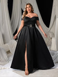 Plus Off Shoulder Buckle Belted Satin Ball Gown Evening Dress