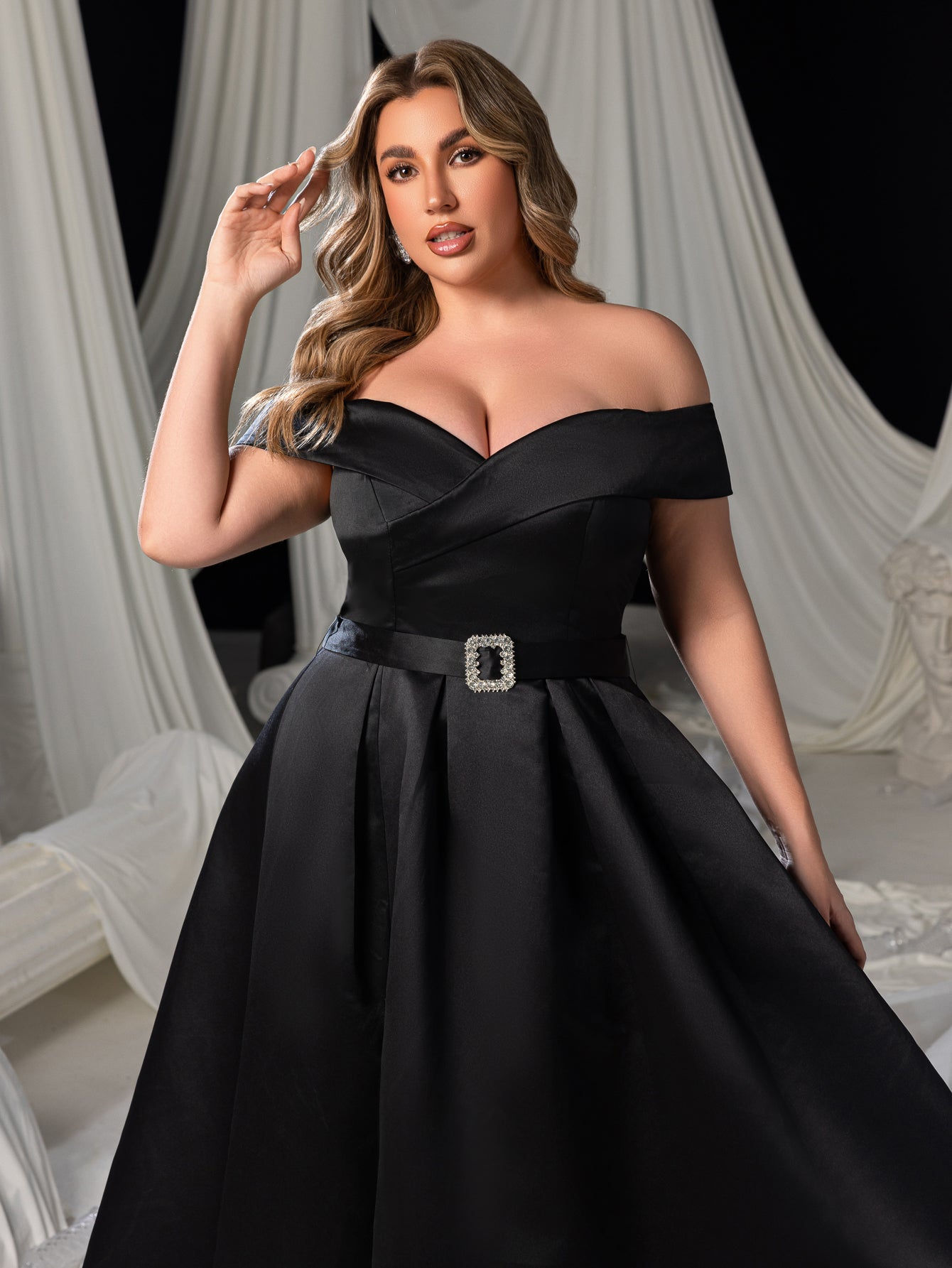 Plus Off Shoulder Buckle Belted Satin Ball Gown Evening Dress